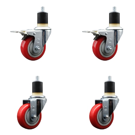 Service Caster 3.5'' SS Red Poly Swivel 1-7/8'' Expanding Stem Caster Set 2 Total Lock Brakes, 4PK SCC-SSEXTTL20S3514-PPUB-RED-2-S2-178